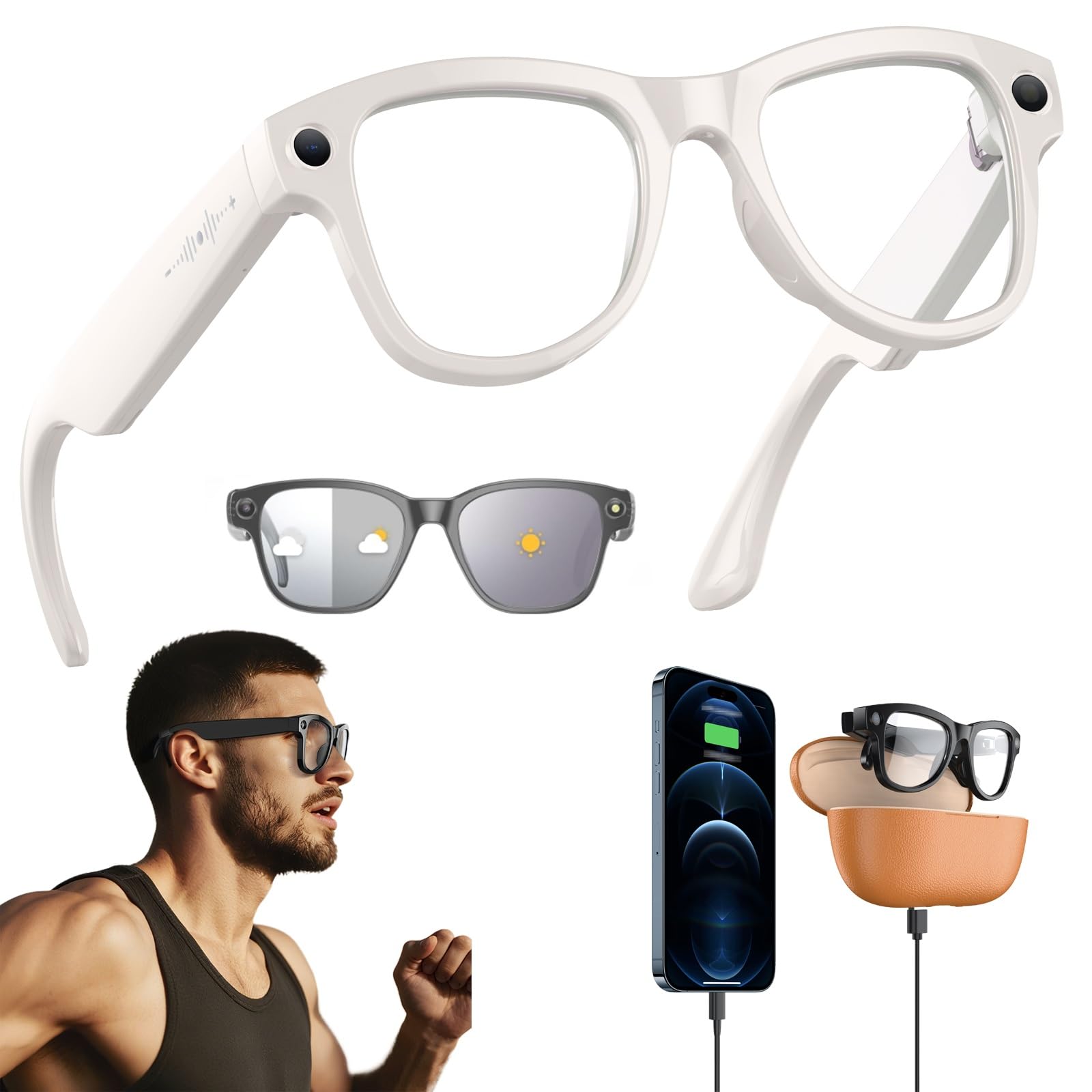 AI Occhiali Intelligenti Con 3600mAh Custodia Di Ricarica, 800W Occhiali Intelligenti Bluetooth Con Chat GPT, Occhiali Anti Luce Blu, Registrazione Video 1080P(White+Brown case)