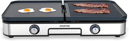 Gourmia 3-in-1 Indoor Grill & Griddle Electric Combo – Dual Independent Cooking Zones, Reversible Nonstick Ceramic Plates, XL Cooking Surface,