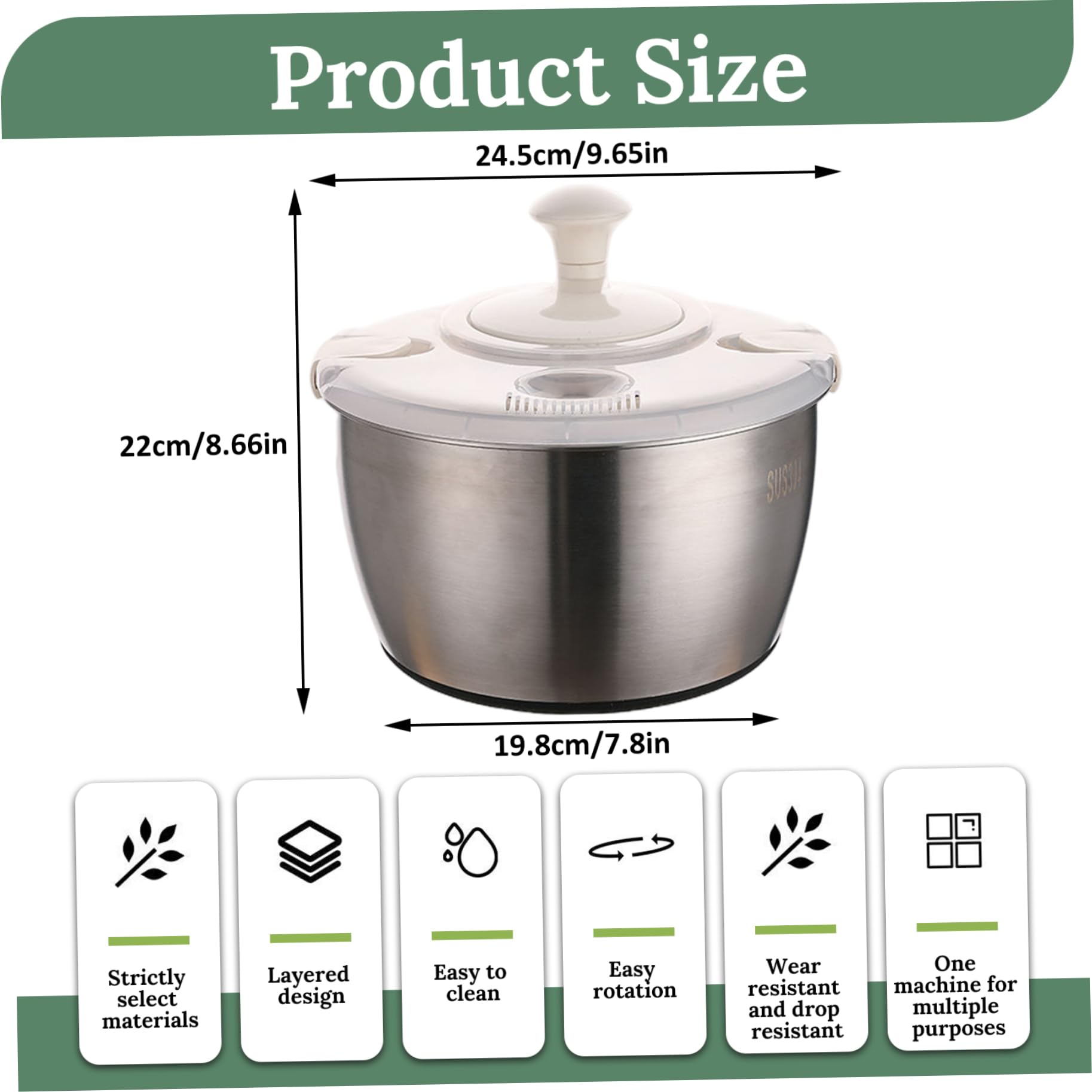 Centrifuga per insalata Centrifuga per lattuga in acciaio inossidabile a doppio strato da 5 litri e PP con coperchio e manico rotante Lavatrice multiuso per frutta verdura ad asciugatura rapid