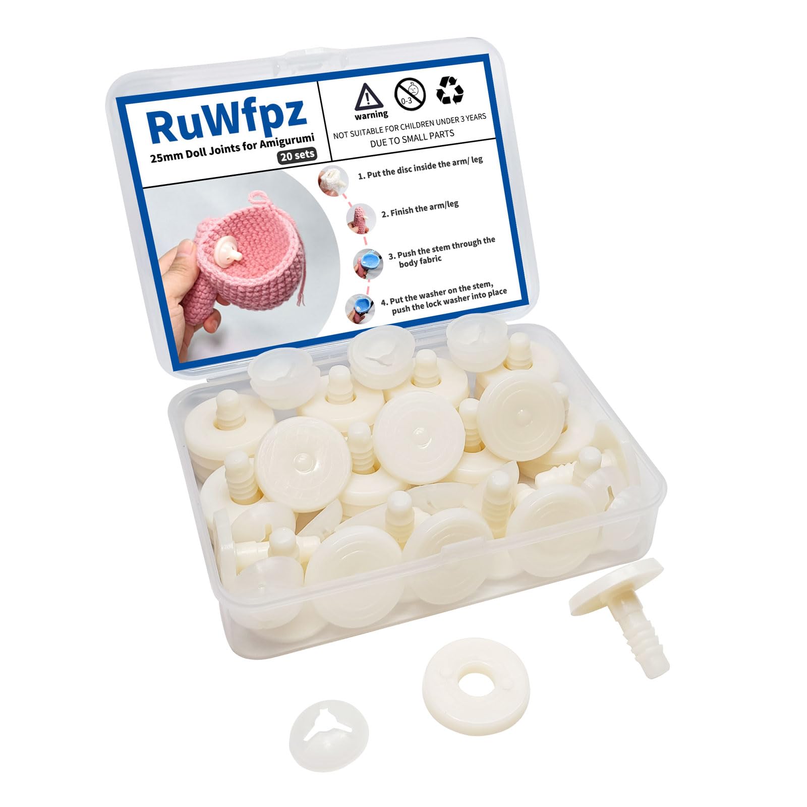 Doll Joints for Amigurumi Crochet 25mm 20 Set - RuWfpz Animal Toy Doll Safety Joints for Head Arms Legs, Creamy-White Plastic Joints for Stuffed Animals Amigurumi Bears Craft