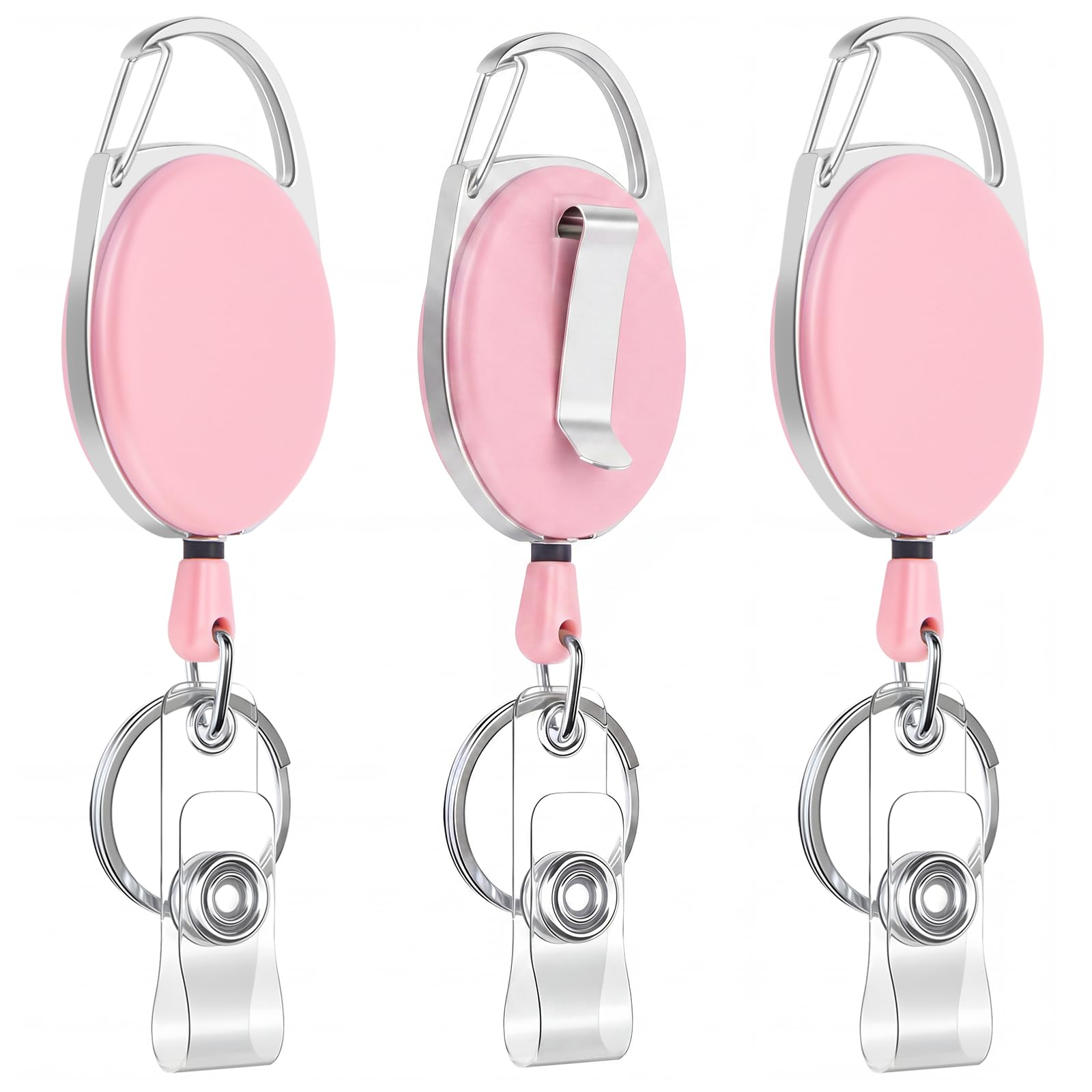 JEFURE 3pcs Retractable Badge Reel, Badge Holder, Extendable Id Card Holder, Lanyard Clip, Extendable Keyring with Clip, Heavy Duty Keychain, Fob Holder (Pink) — image 1