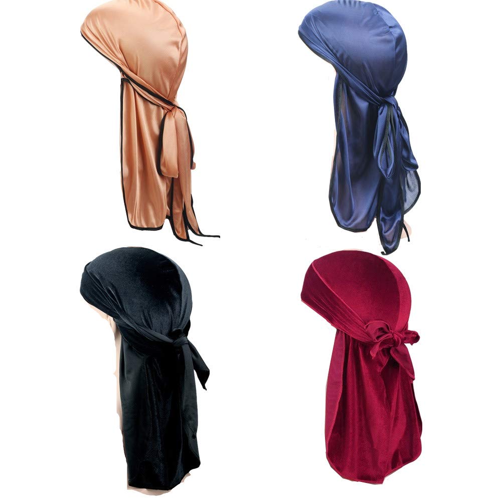 2 Pieces Velvet Durags and 2 Pieces Silky Soft Durag Cap Headwraps with 360 Waves Long Tail Durag Pirate Cap Bandana and Straps Doo Rags Cap Head Wraps Motorcycle Biker Headscarf Turban