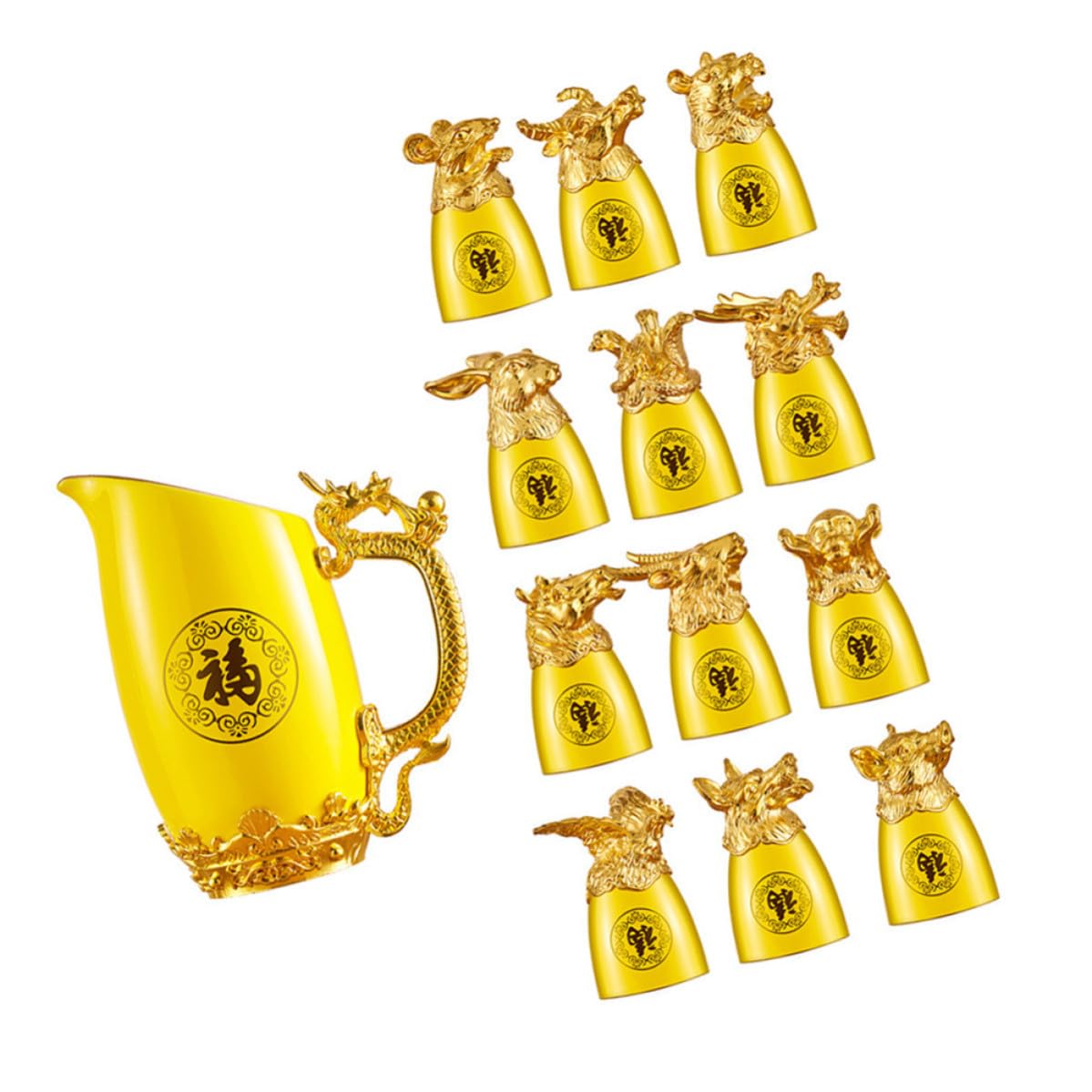 GALPADA Set di Bicchieri da Liquore in Ceramica Design Zodiacale Cinese Giallo, Decorazione Elegante e Resistente per Bar e Casa, Caraffa