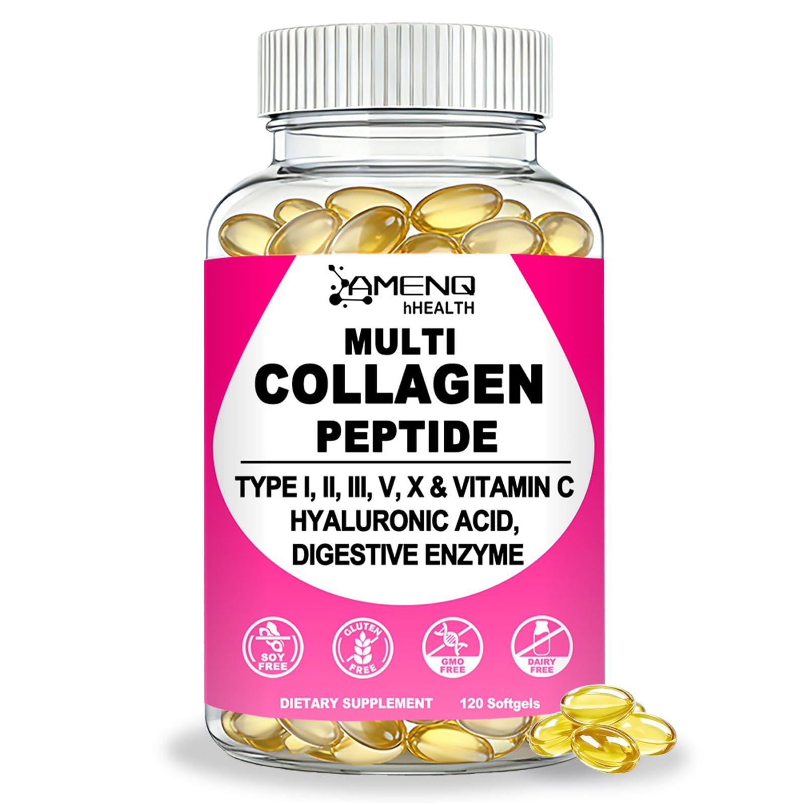 AMENQ hHEALTH Suplemento de Peptídeos de Multicolágeno Tipos I, II, III, V e X, 120 cápsulas softgel