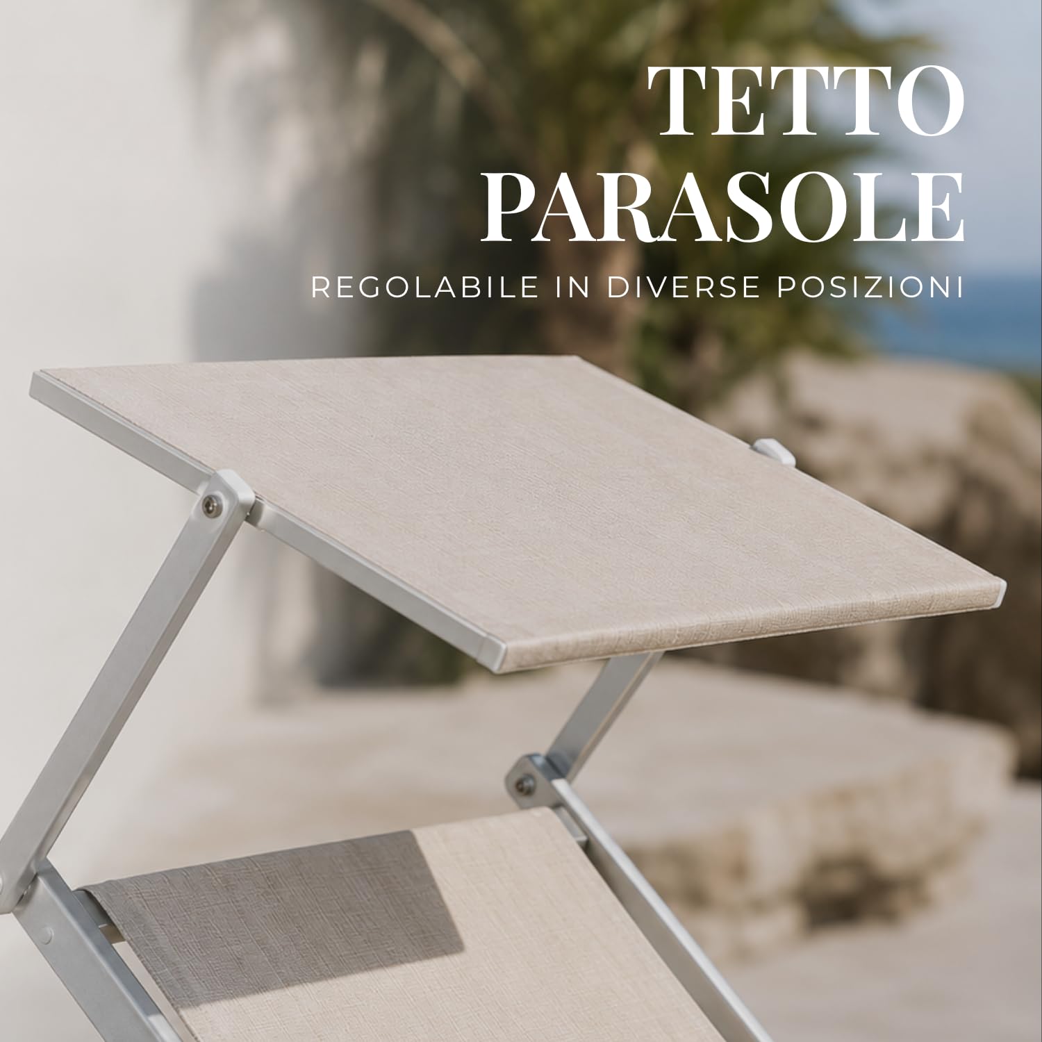 PALUPLUS 2 Lettini Prendisole Professionali in Alluminio, Misura 186x61x40 cm, Tessuto Textilene, con Tetto Parasole e Schienale Regolabile, per Spiaggia, Lido, Piscina, Portata 150Kg -8458F (Crema)