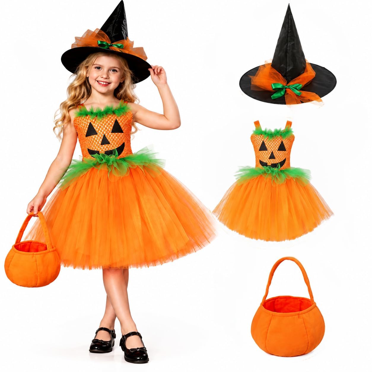Kids Girls Halloween Pumpkin Costume Cute Sleeveless Tulle Dress and Headband Candy Bag Pumpkin Cosplay Party Outfit Witch Costume