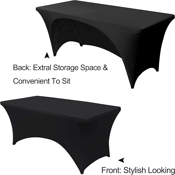 Time to Sparkle 4ft Table Cover for Rectangle Tables with Open Back | Black Stretch Spandex Universal Rectangular Fitted Tablecloth Protector for Wedding, Banquet and Party