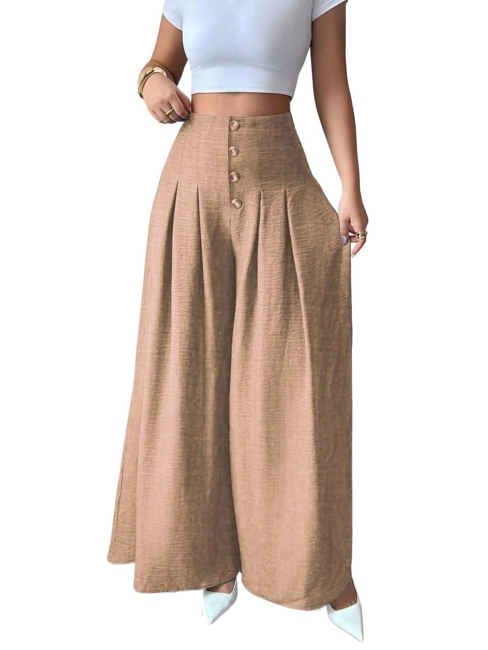 Womens Clothes Loose Solid Color Button Front Pleated Wide Leg Pants Trousers Fall Outfits