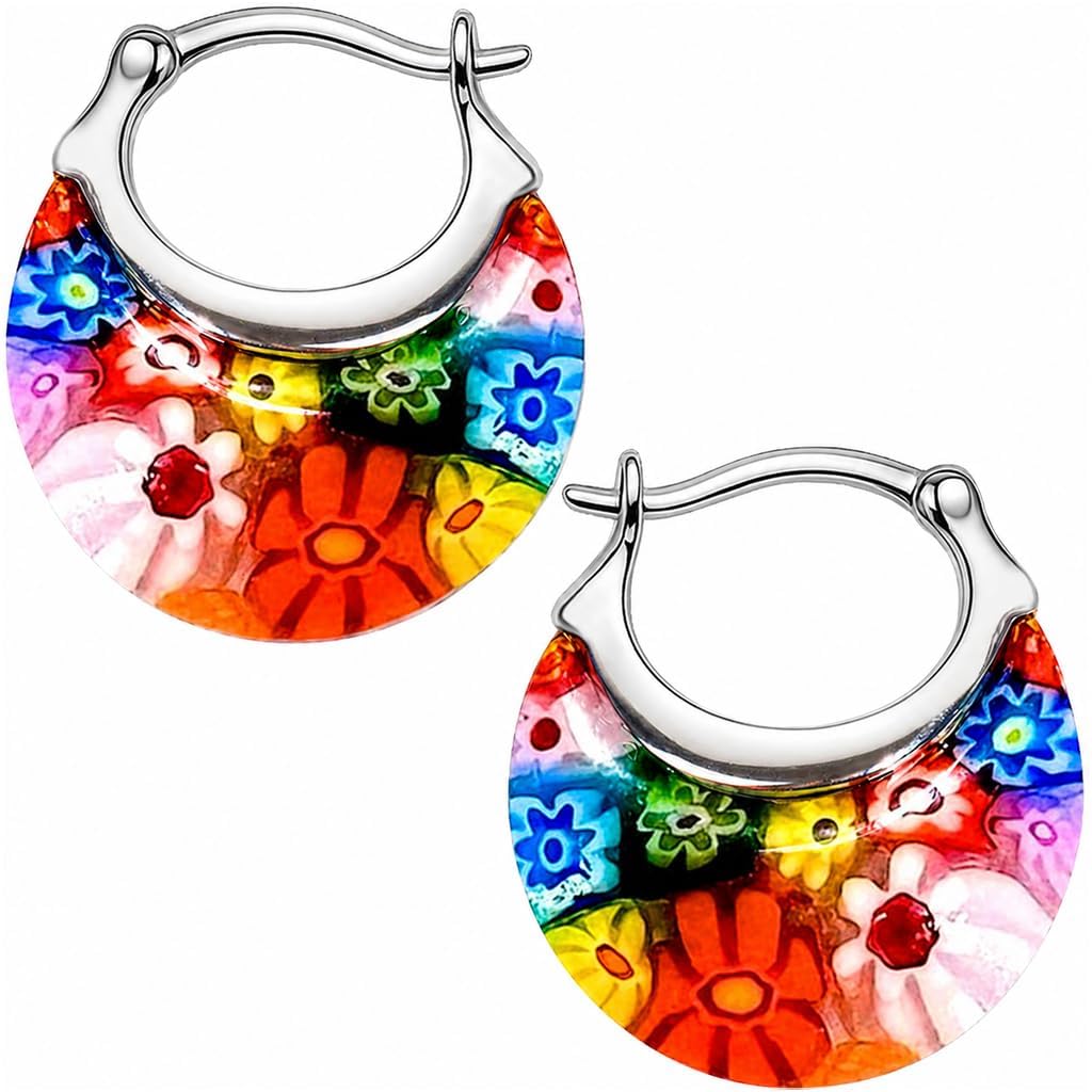 Shop LC Murano Style Glass Hoop Earrings for Women - Statement Floral Colorful Flower Stainless Steel Costume Jewelry Birthday Gifts 11.6g
