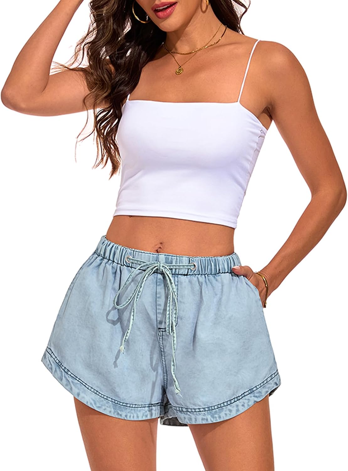 Womens Denim Shorts Summer Wide Leg Acid Wash Drawstring Stretchy Trendy Casual Jean Short