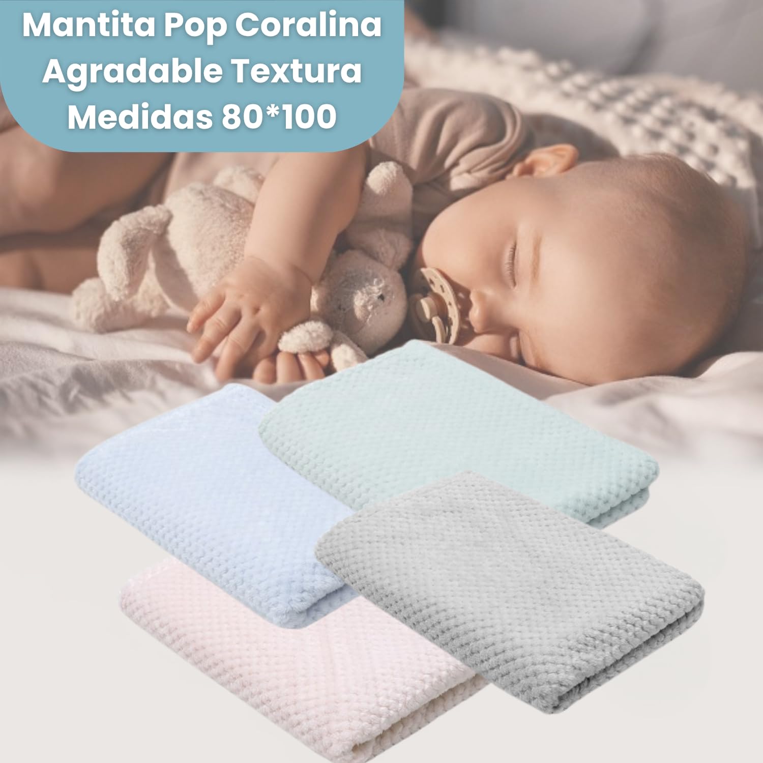 Canastilla Bebé Recién Nacido Burbujas con Manta | Manta muselina 80x100, rulo bordado, chupete y pinza con nombre, muselina 75x75, patucos y agua perfumada