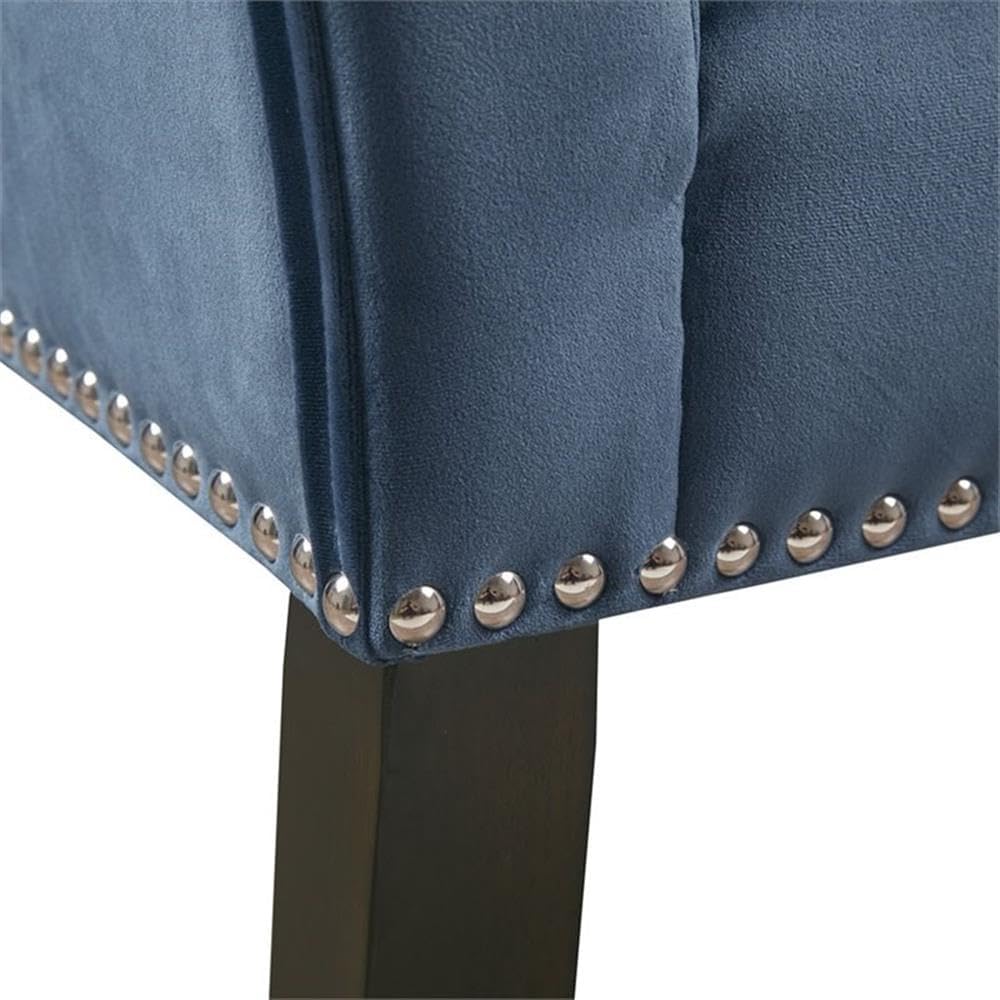 Pemberly Row Solid Wood Accent Bench, 49.5" W x 19.25" D x 23" H, Blue Upholstered Fabric with Bronze Nailhead Trim, Foam Cushion, Transitional Style Bedroom or Living Room Seating