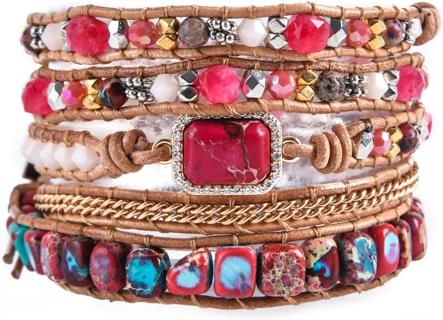 YGLINE Boho 5 Wrap Bead Bracelet for Men Women,Handmade Adjustable Natural Chakras Stone Crystal Beaded Bracelets Cuff Rope Yoga Healing Bracelet Bangle Hippie Jewelry