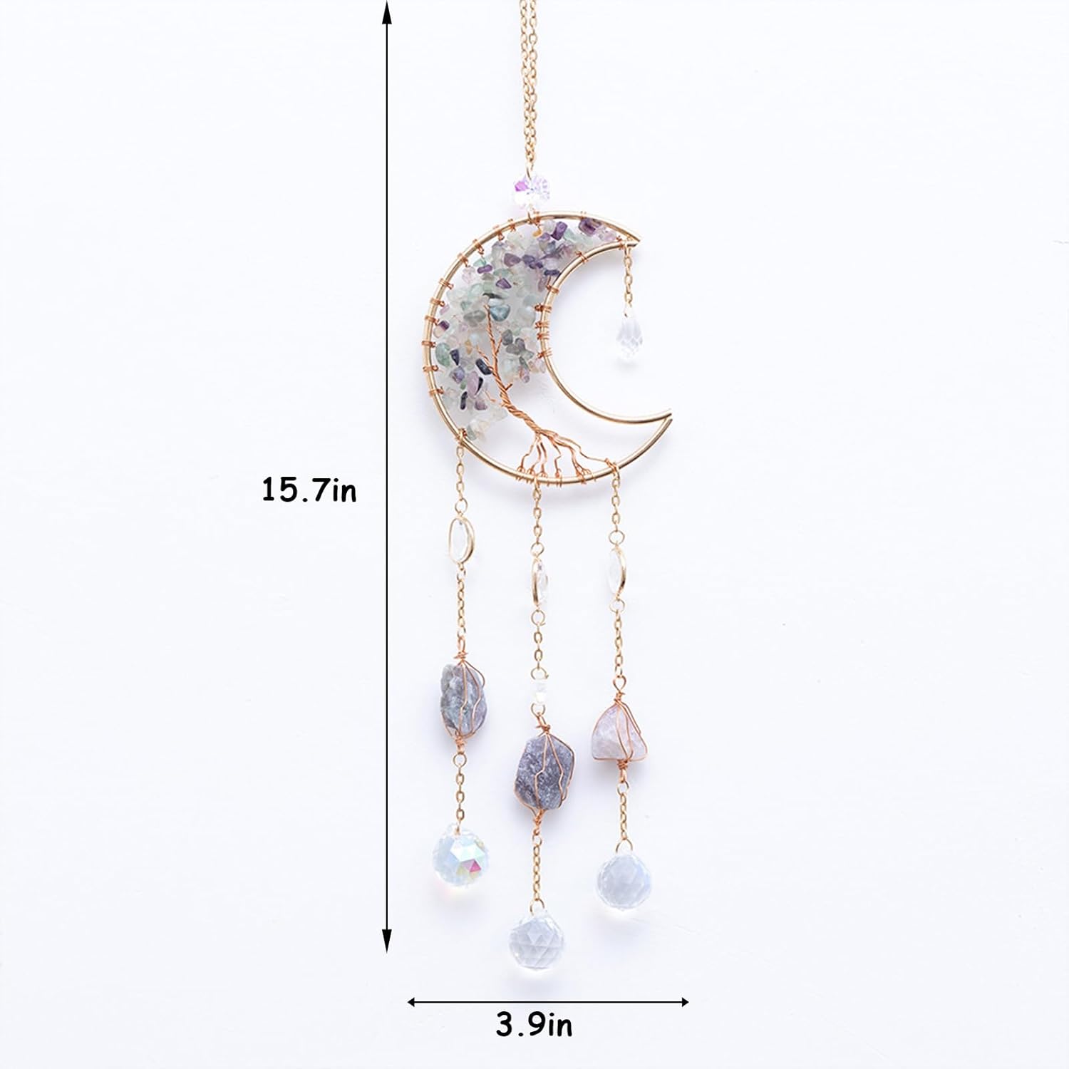 TUOKING Crystal Moon Suncatchers for Window Hanging Tree of Life Natural Healing Stones Wind Chimes Sun Catcher Rainbow Maker Good Luck Gifts Decor for Home Garden