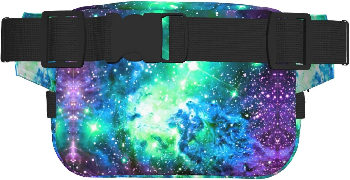 Green Blue Purple Galaxy Print Fashion Waist Packs Square Layer Waist Bag Black Belt Bag with Adjustable Strap