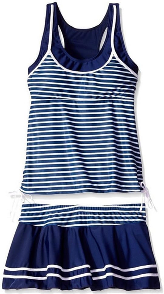 Banano Girls Tankini Striped Trapeze Swim Dress 2-Piece Swimsuit Set Navy L