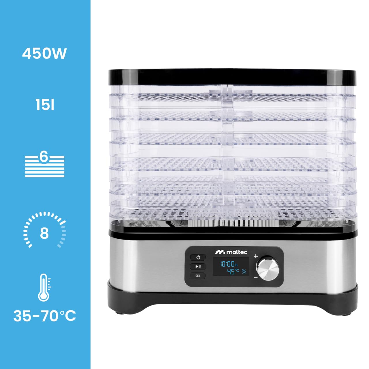 MalTec Dörautomat mit Timer Dörrgerät 450W Lufttrockner mit 5 Ebene für Lebensmittel Pilzen/Fleisch/Fisch/Früchte/Obs/Herbst/Kraüter