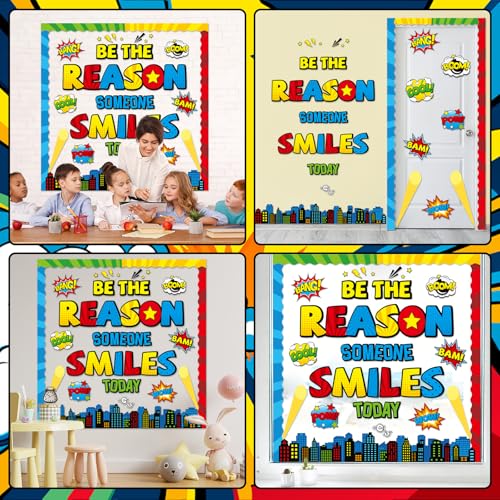 Image of Super Theme Bulletin Board Decoration Set Hero Theme Classroom Decor Be The Reason Someone Smile Today Bulletin Board Motivational Cutout for First Day of School Office Home Chalkboard Door Wall Decor