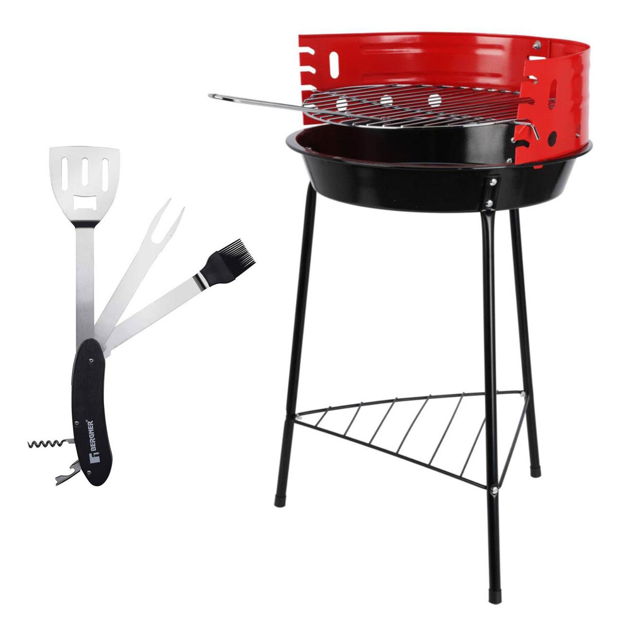 Well Home Barbacoa de 3 patas con Parrilla cromada en color negro 32x33x55cm + Set de Utensilios 5 en 1 para barbacoa Negro