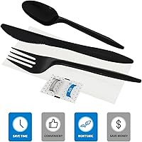 Vista 3 de 50 paquetes de cubiertos de plástico, juego de cuchillo, tenedor, cuchara, servilleta y paquetes de sal y pimienta, cubiertos de plástico negro
