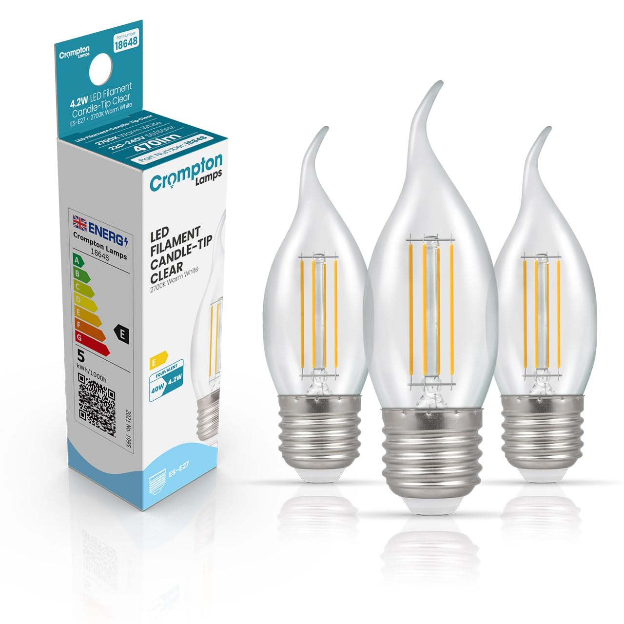Crompton Lamps Bent-Tip Candle LED Light Bulb ES-E27 | 4.2W = 40W Equivalent | Warm White 2700K | Flame Tip | Edison Screw Lightbulb | Long Life 15,000-Hrs | Clear Glass | 3-Pack