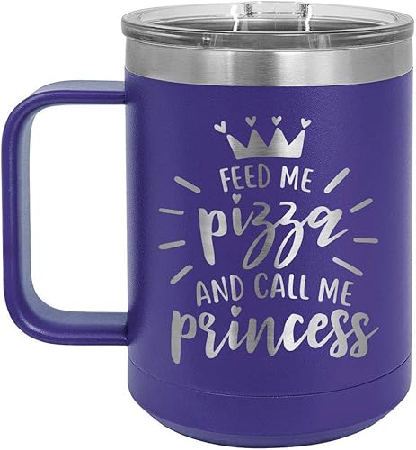 FEED ME PIZZA AND LLAME PRINCESS 15 oz taza de café con tapa superior deslizante | Taza de café de viaje aislado | Ideas de regalo de cumpleaños o
