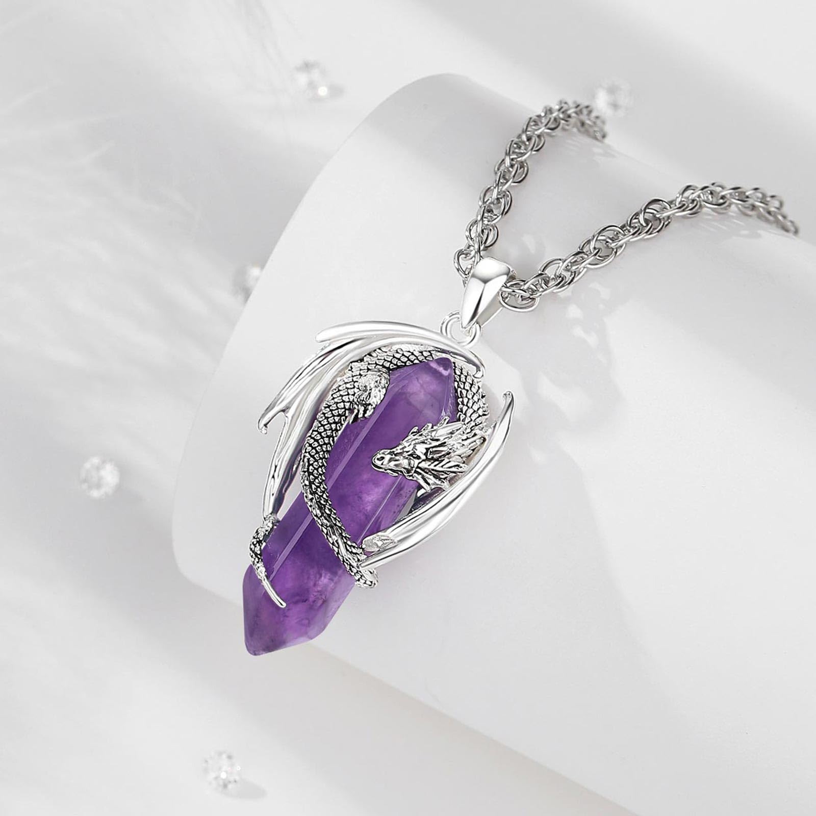 AEONSLOVE Collana Drago Vichingo con Cristallo, Ciondolo Drago con Ossidiana Pietra Occhio di Tigre Collana Ametista Corniola per Uomo Donna Gioielli Cristalli Chakra Regalo Cristalloterapia