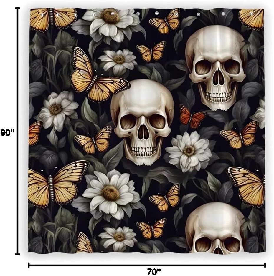 Halloween Skull Flower Shower Curtain Vintage Sugar Skull White Daisy Floral Butterfly Gothic Skeleton Day of The Dead Scary Black Tropical Plant Men Fabric Bathroom Decor Polyester with Hooks