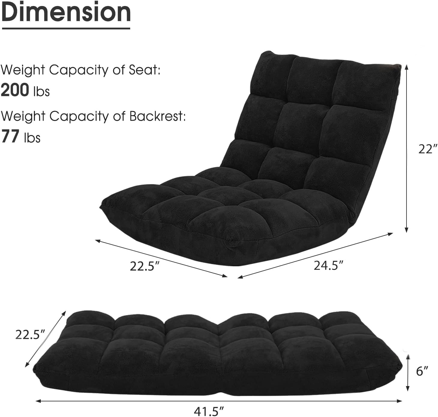 14-Position Floor Chair, Adjustable Folding Gaming Chair Lazy Sofa w/Cushion, Meditation Chair with Back Support, Folding Floor Couch for Reading Bedroom, Living Room for Adults Kids (Black)