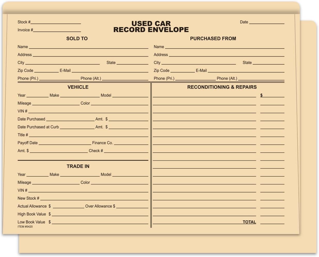Used Car Record Envelope - Pack of 100