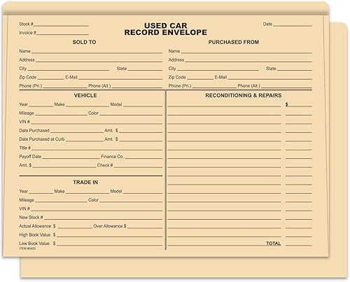 Sobres de registro de coche usados - Paquete de 100