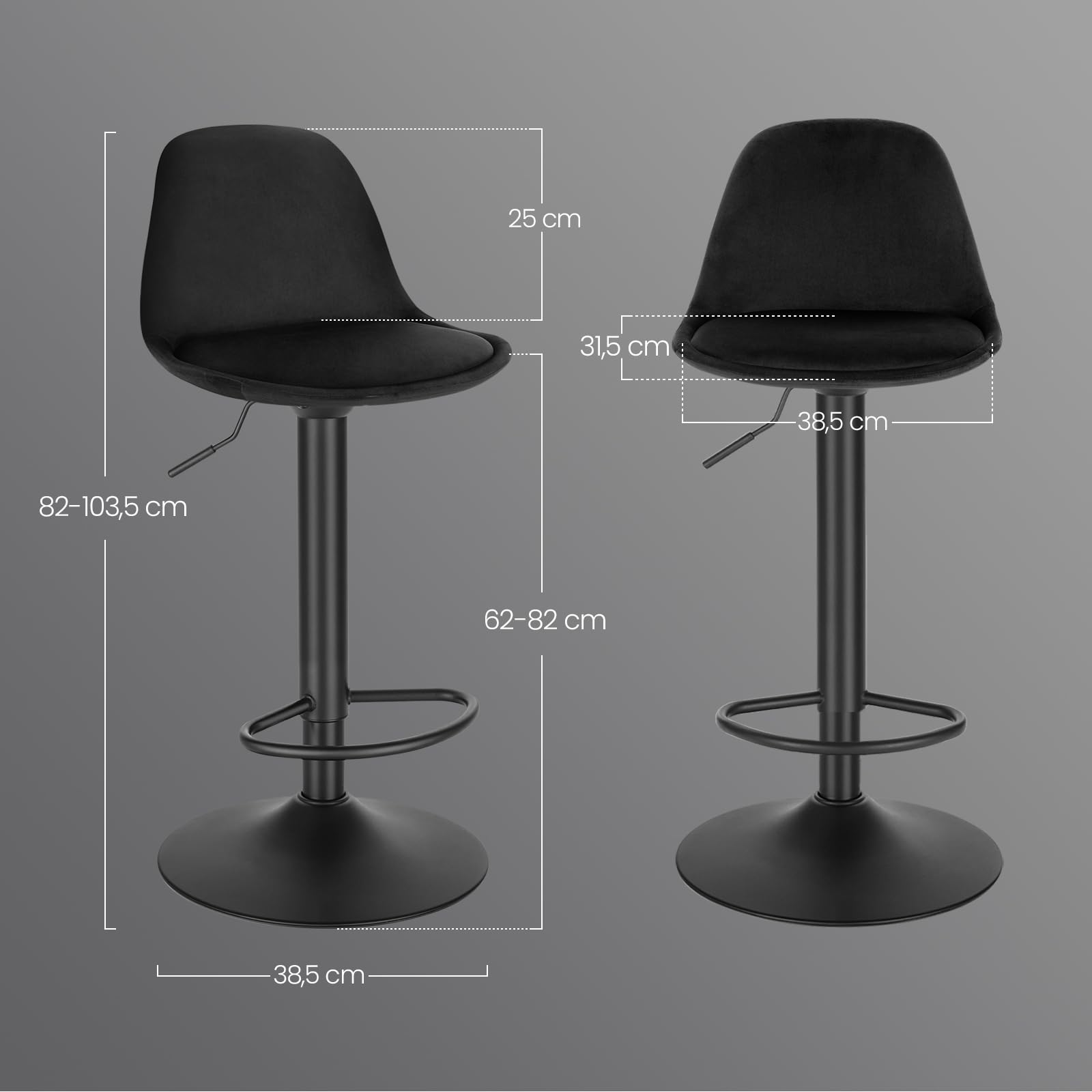 EUGAD Barhocker, für Bar Küchen & Esszimmer, 360° drehbarer höhenverstellbar, Barstuhl mit Rückenlehne Fußstütze, aus Samt, Schwarz