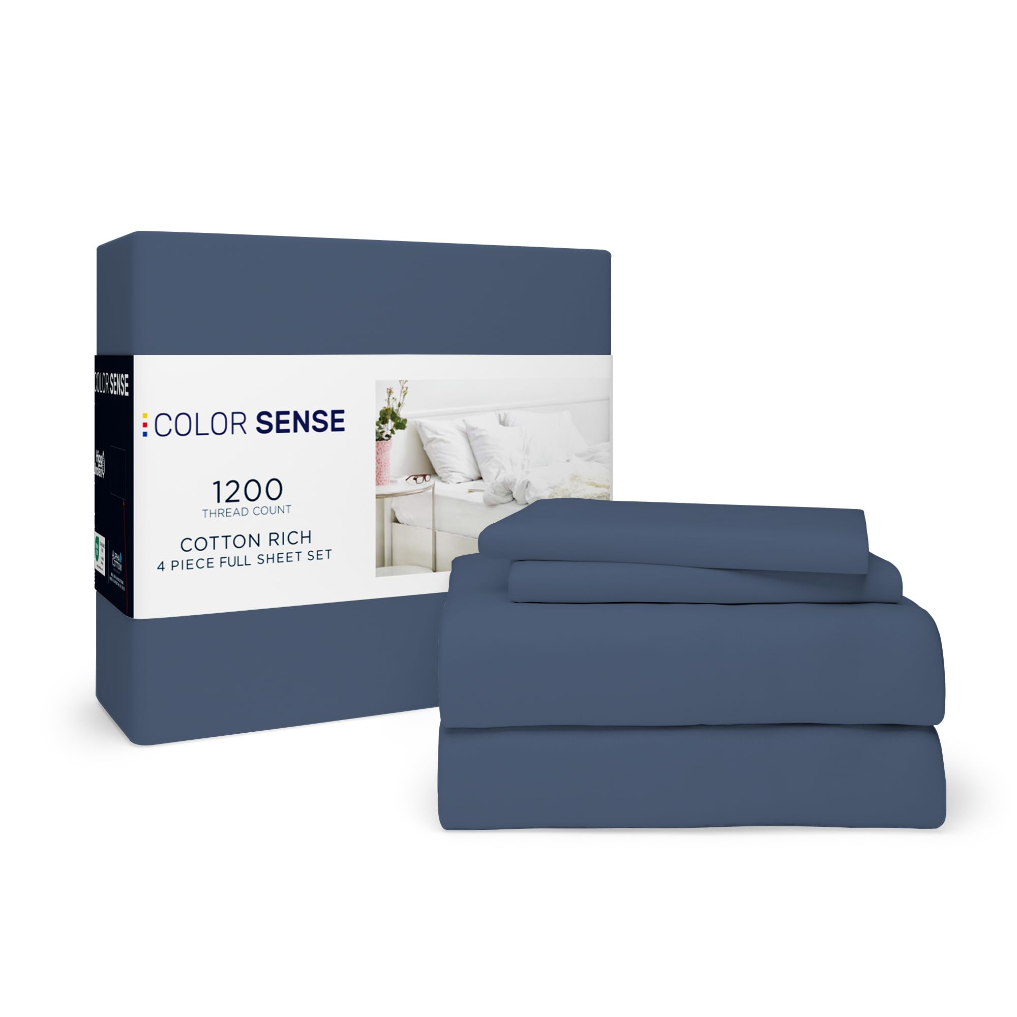 1200 Thread Count King Dark Blue Sheet Set, Hotel Luxury Cotton Rich Ultra Soft Sateen Sheets, Easy Care Bed Sheet Set with Deep Pocket (1 Flat Sheet, 1 Fitted Sheet & 2 Pillowcases)OEKO-TEX STANDARD 100