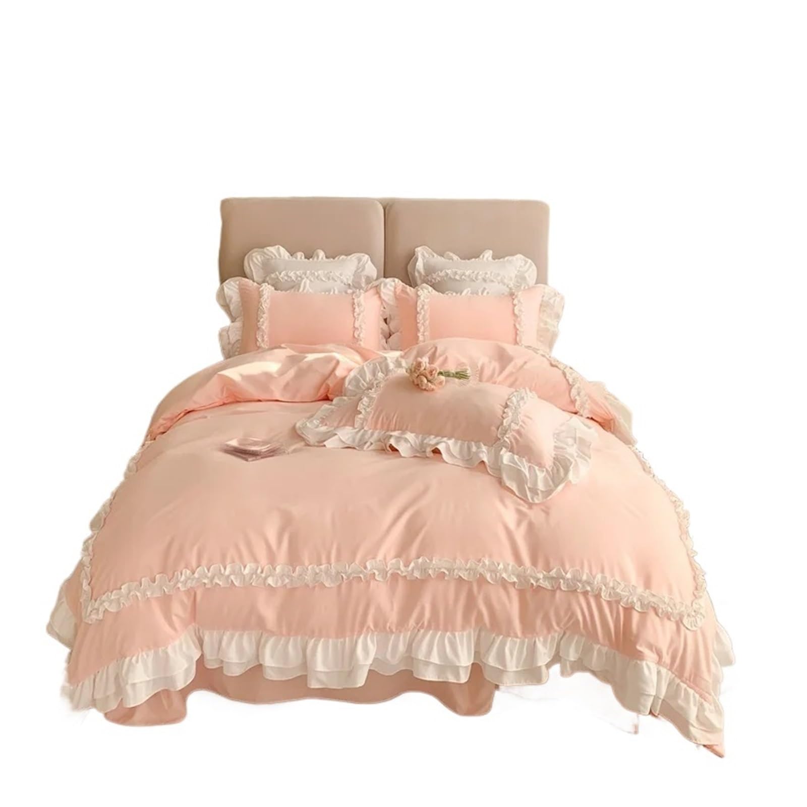 GCYEIDMA Ruffle Duvet Cover Lace Bedding Sets Bed Linen Washed Cotton Ruffle Duvet Cover Sheet and Pillowcases(Pink,200x230cm 4pcs)