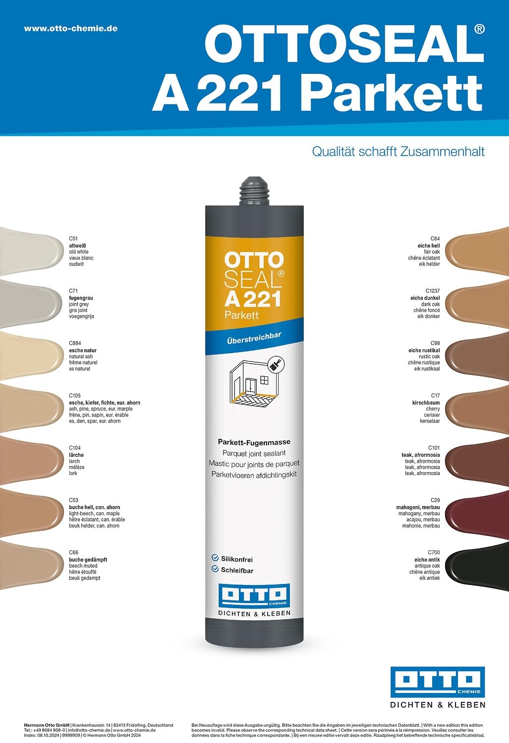 OTTO-SEAL A221 - Masilla para parqué (20 x 310 ml, fresno, pino, abeto, eur. Arce para parqué, laminado, tablones de madera, suelos de corcho, pisos y zócalos, juntas de reparación en madera