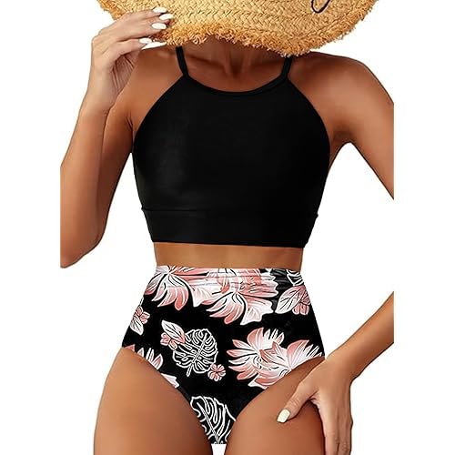 Herseas Women's Bikini Sets High Neck Tropical Leaf Print High Waisted Two Pieces Swimsuits Bathing Suits