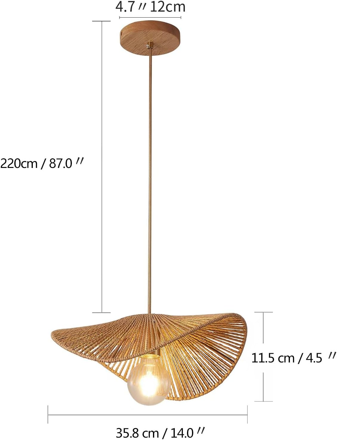 Boho Rattan Pendant Light Fixture Modern Style Hanging Light Bamboo Handwoven 1-Light Hanging Lamp for Farmhouse Bedroom Living Room Dining Room