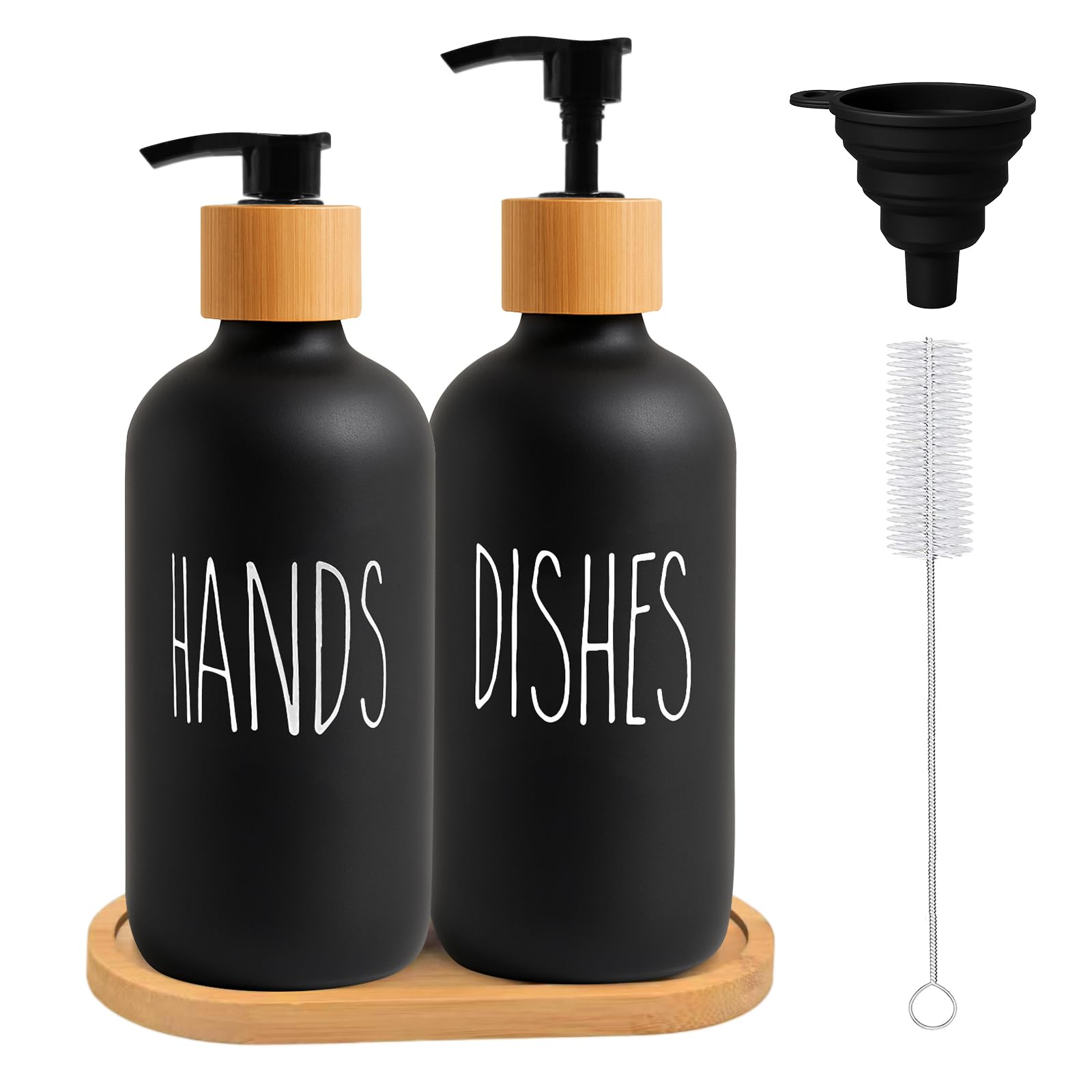 Dispensador de Jabón de Cristal Negro Mate, Juego de 500ml, Dispensador de Jabón y Detergente Líquido con Embudo, Cepillo de Limpieza Rellenable, Dispensador de Cocina para Jabón de Manos