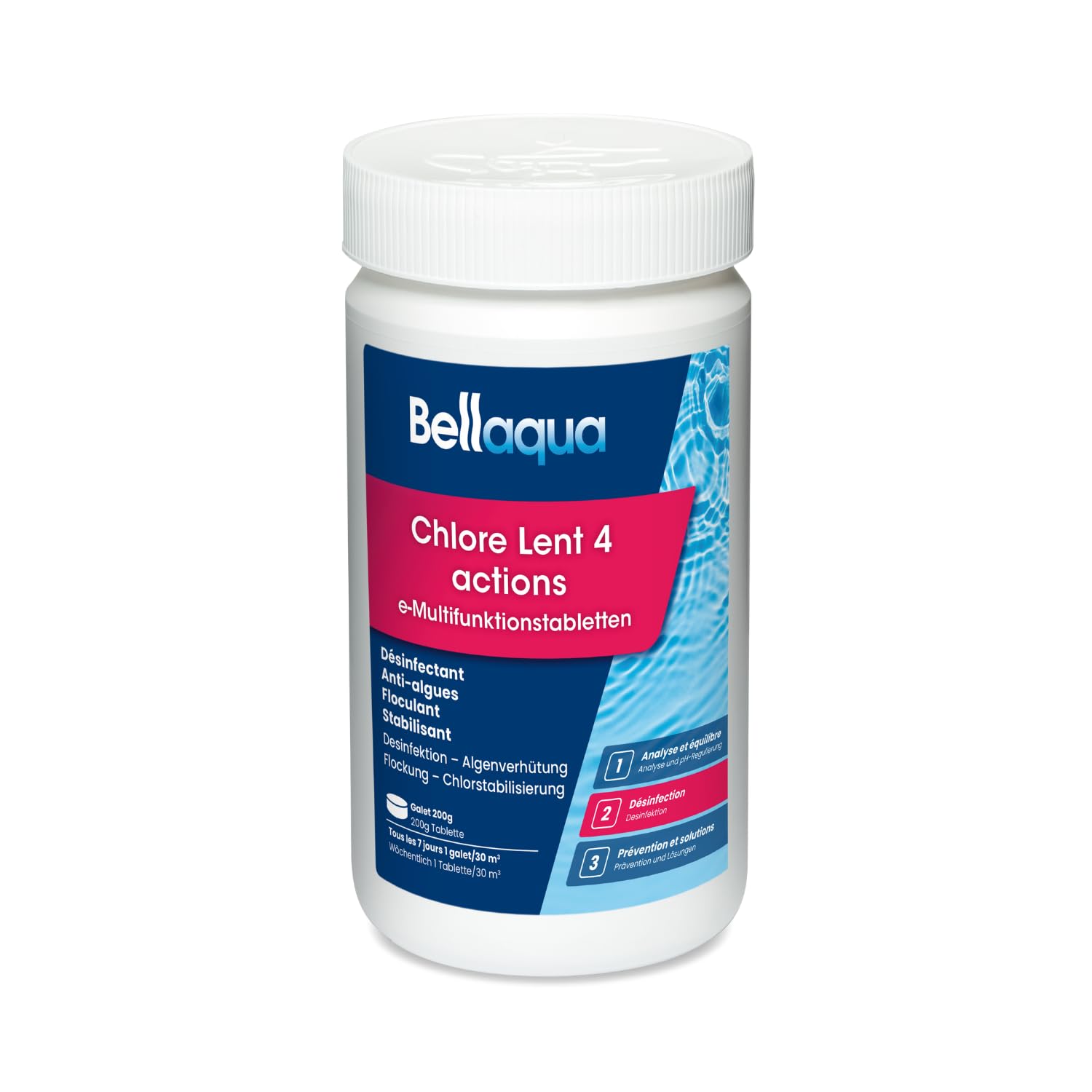 Bellaqua e-Chlore Multifonction 1kg - Galets de Chlore pour Piscine - Désinfection, Anti-Algues, Floculant, Stabilisateu