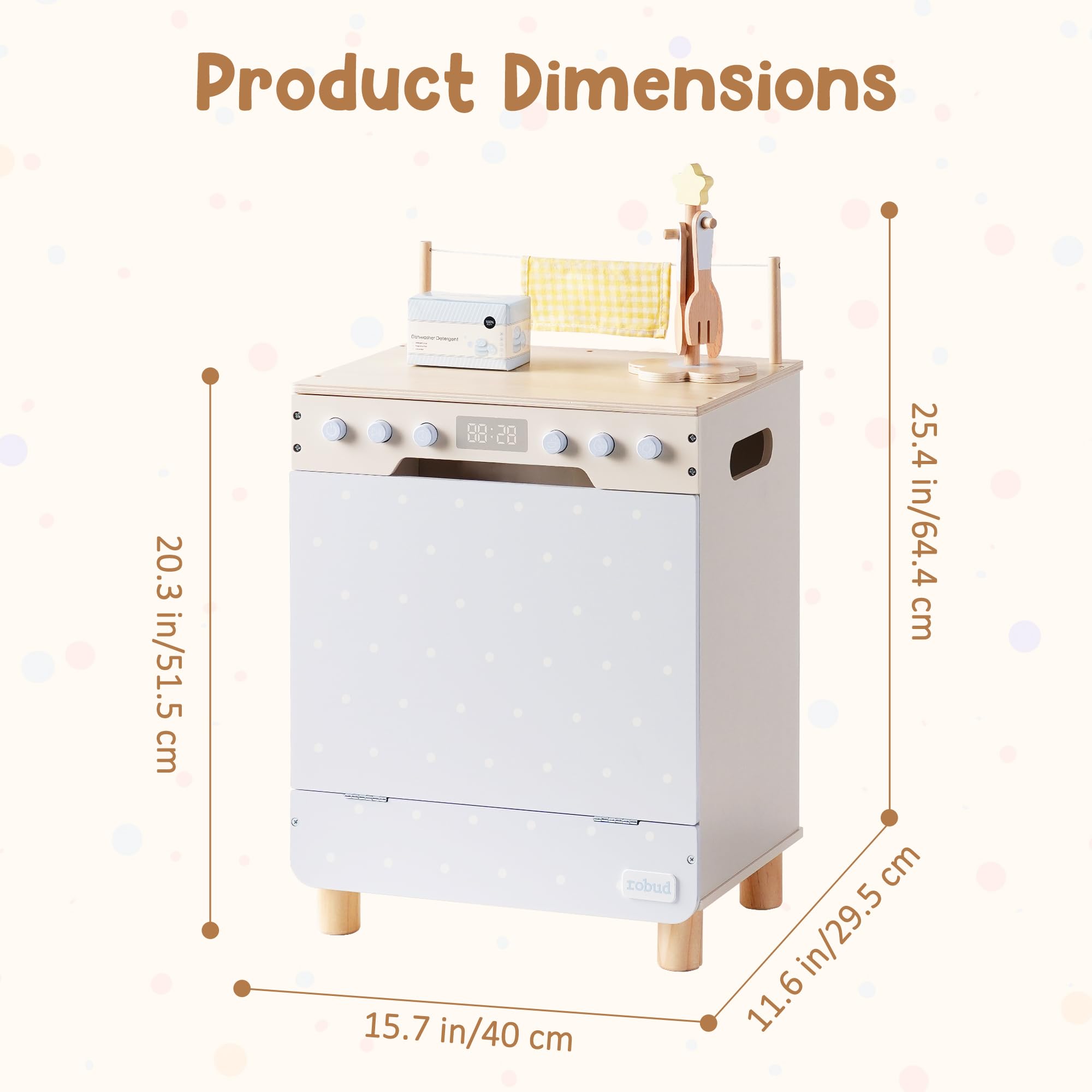 ROBUD Ensemble de jeu en bois pour lave-vaisselle, jeu de rôle avec couverts, assiettes, tasses à café pour enfants, tout-petits, cadeau de cuisine pour garçons et filles à partir de 3 ans