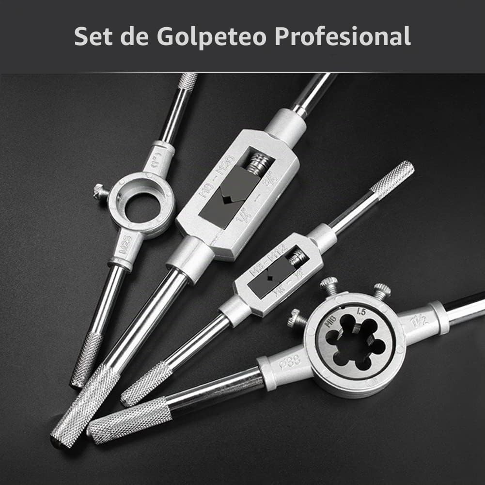 Juego profesional de 110 piezas de machos y troqueles de acero HSS de alta dureza M2-M18, juego de troqueles de rosca, multifuncional, resistente, con mango de llave y funda firme para trabajo