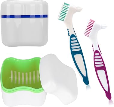 Denture Bath Cup and Brush set - 2 Pack Denture Case with Basket + 2 Pack Denture Brush, Portable Denture Retainer Storage Box, Premium Hygiene False Teeth Brushes for Oral Care