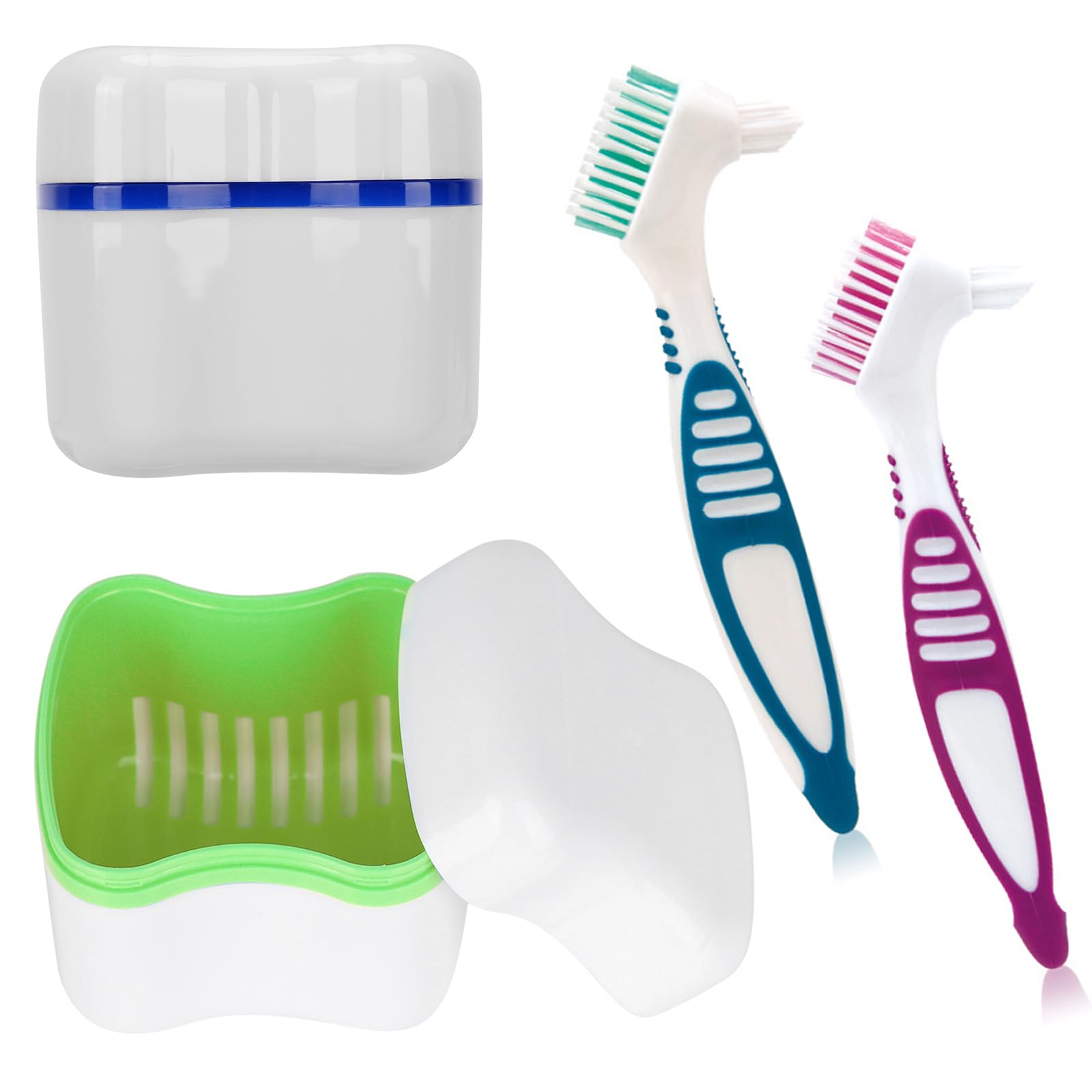 Denture Cleaner Box and Brush Set - 2 Pack Denture Bath Case with Basket + 2 Pack Denture Brush, Portable Denture Retainer Storage Box, False Teeth