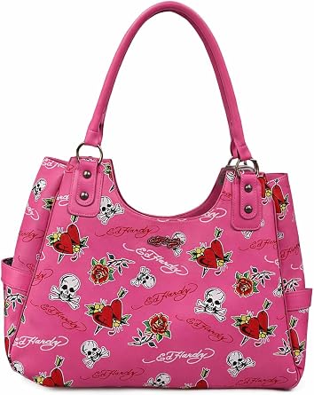 ED HARDY White Tote Shoulder Bag with Skull and Rose Design