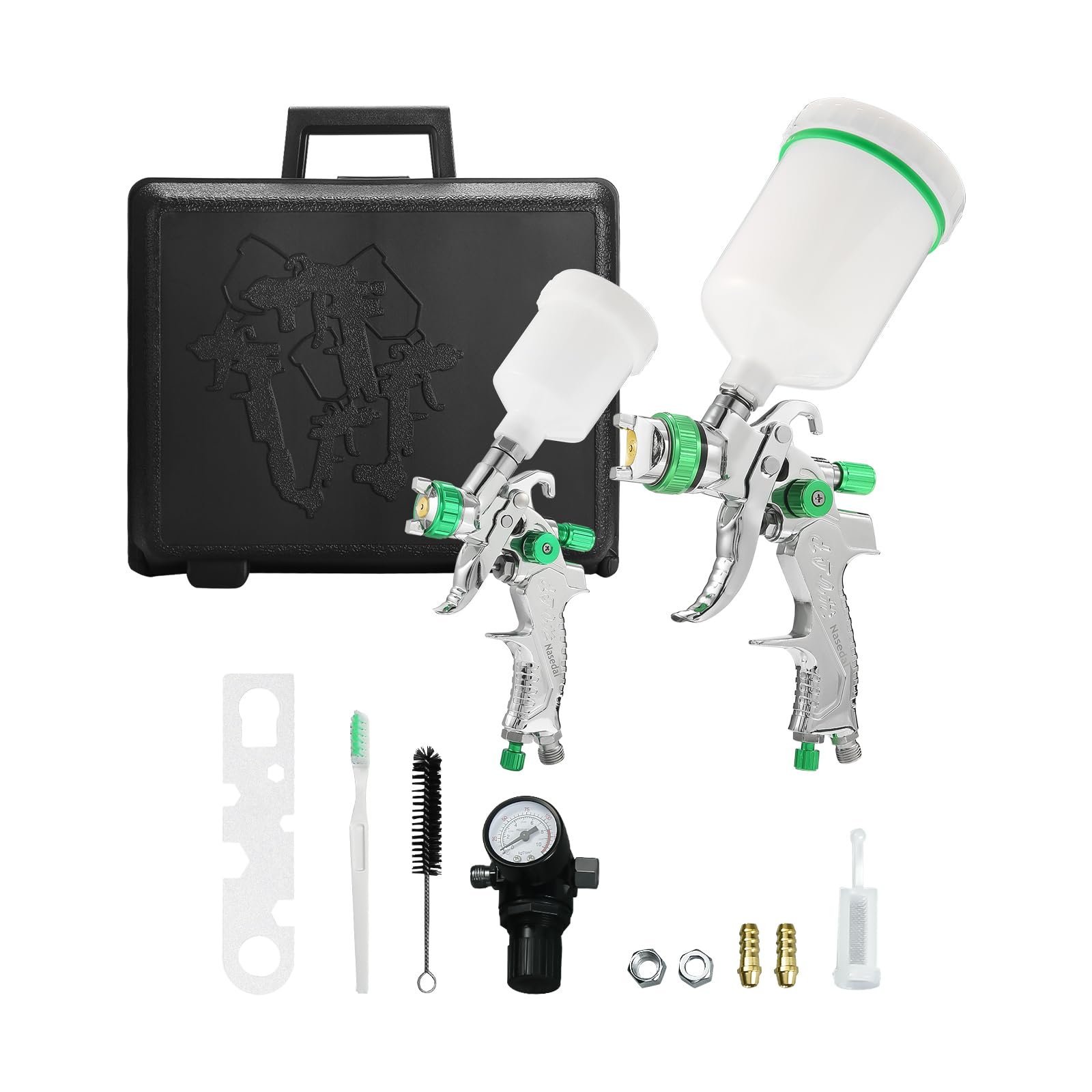 HVLP Luft-Schwerkraft-Spritzpistolen-Set, 2 Stück, Sprühpistole mit 0,8 mm, 150 ml und 1,4 mm, 600 ml, Automobil-Lackierpistole mit Verriegelungsluftdruckregler, Luftspritzpistole für Möbel, Auto