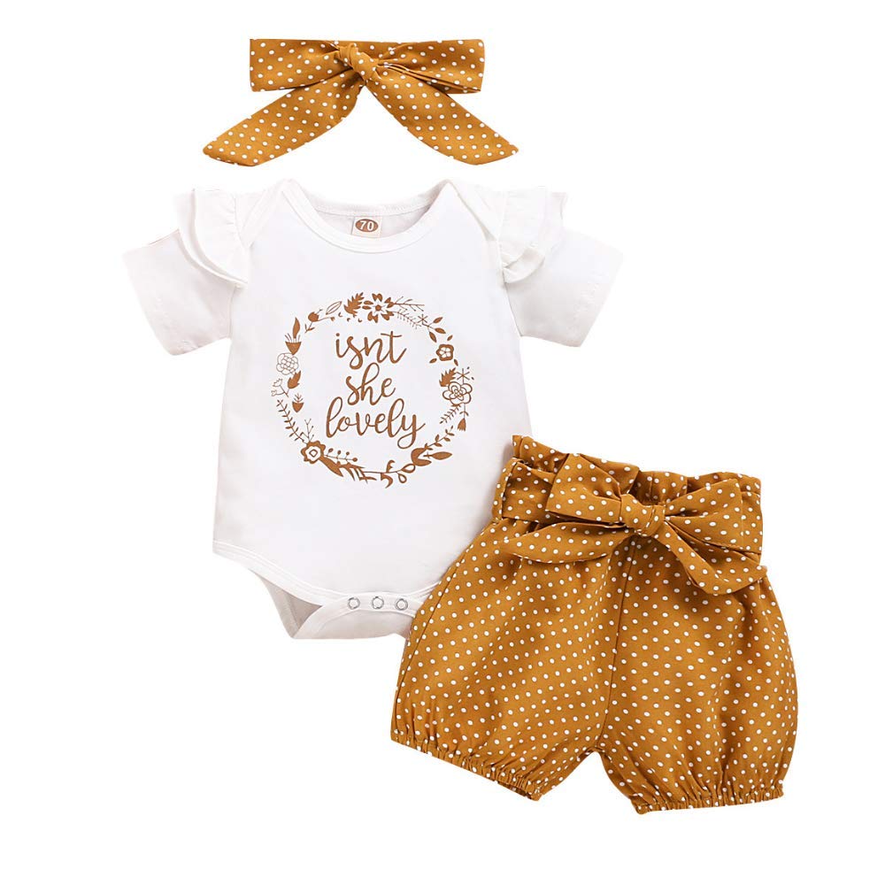 TMOYJPX 3 Piezas Conjunto Top y Pantalones Ropa Bebe Niña 0-18 meses Recien Nacido Niño Verano Algodon, Mono+Pantalón Corto a Lunares+Banda