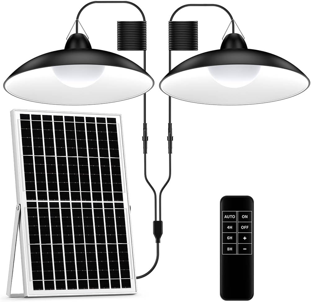 ZZE Solar Shed Light Indoor Outdoor with Dual Big 8.7” Dimmable Lamps, 2000LM Daytime Available Pendant Solar Powered Light with Remote Dusk to Dawn IP67 Waterproof for Gazebo, Storage, Shop, Barn