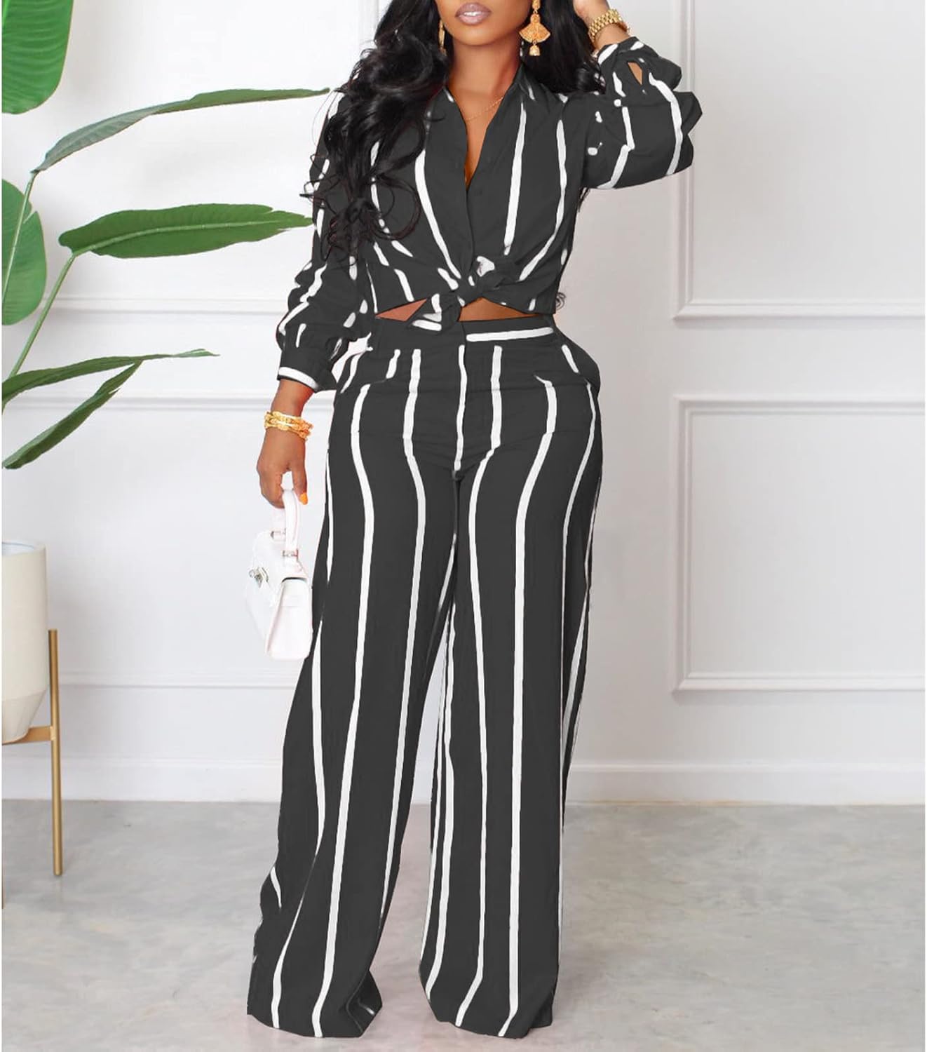 Elainone Women's 2 Piece Outfits Stripe Long Sleeve Button Down Shirt Wide Leg Long Pants with Pockets - Image 2