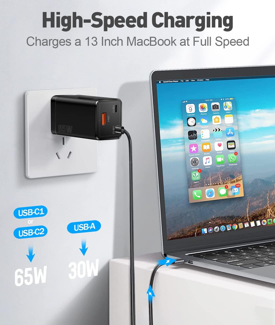 UDATON Fast Charger Block, USB C Wall Charger 65W, 3-Port GaN Foldable 65W USB C Charger, Durable Laptop Charger Power Adapter, Fast Charging Station for iPhone 14 13 Pro Max,Samsung Galaxy,Dell,Black