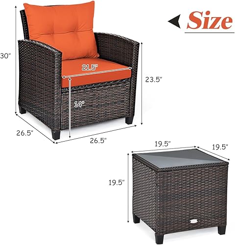 Miniatura 33 de Tangkula - Juego de muebles de patio de 3 piezas, mimbre de ratán de PE, para exterior, con cojín lavable y mesa de vidrio templado, muebles